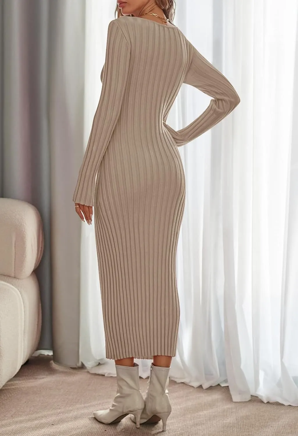 MEROKEETY Women's Fall Long Sleeve Sweater Dress Casual Ribbed Knit Slim Fit Bodycon Maxi Dresses