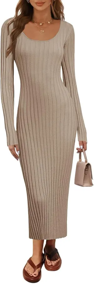 MEROKEETY Women's Fall Long Sleeve Sweater Dress Casual Ribbed Knit Slim Fit Bodycon Maxi Dresses