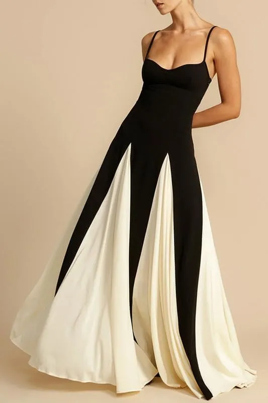 NUFIWI Elegant Sleeveless Color Block Pleated Maxi Dress Low Cut Patchwork Swing Dress High Waist A Line Flowy Sling Dress