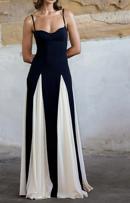NUFIWI Elegant Sleeveless Color Block Pleated Maxi Dress Low Cut Patchwork Swing Dress High Waist A Line Flowy Sling Dress