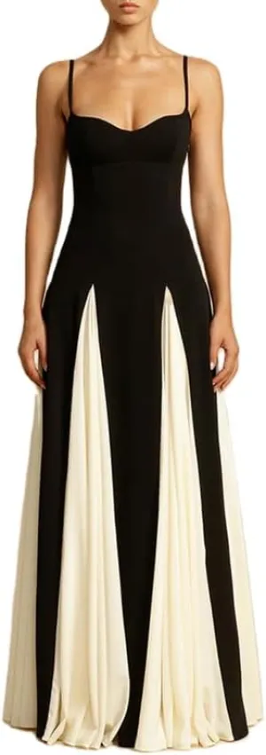 NUFIWI Elegant Sleeveless Color Block Pleated Maxi Dress Low Cut Patchwork Swing Dress High Waist A Line Flowy Sling Dress