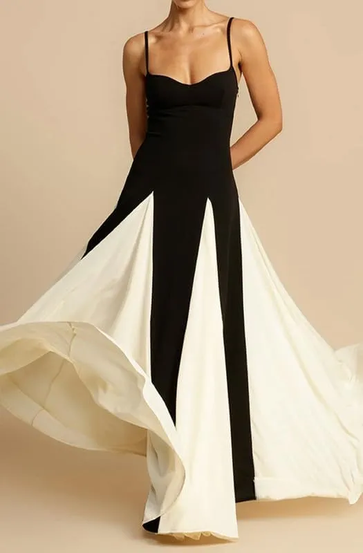 NUFIWI Elegant Sleeveless Color Block Pleated Maxi Dress Low Cut Patchwork Swing Dress High Waist A Line Flowy Sling Dress