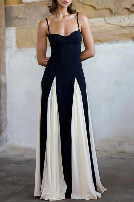 NUFIWI Elegant Sleeveless Color Block Pleated Maxi Dress Low Cut Patchwork Swing Dress High Waist A Line Flowy Sling Dress