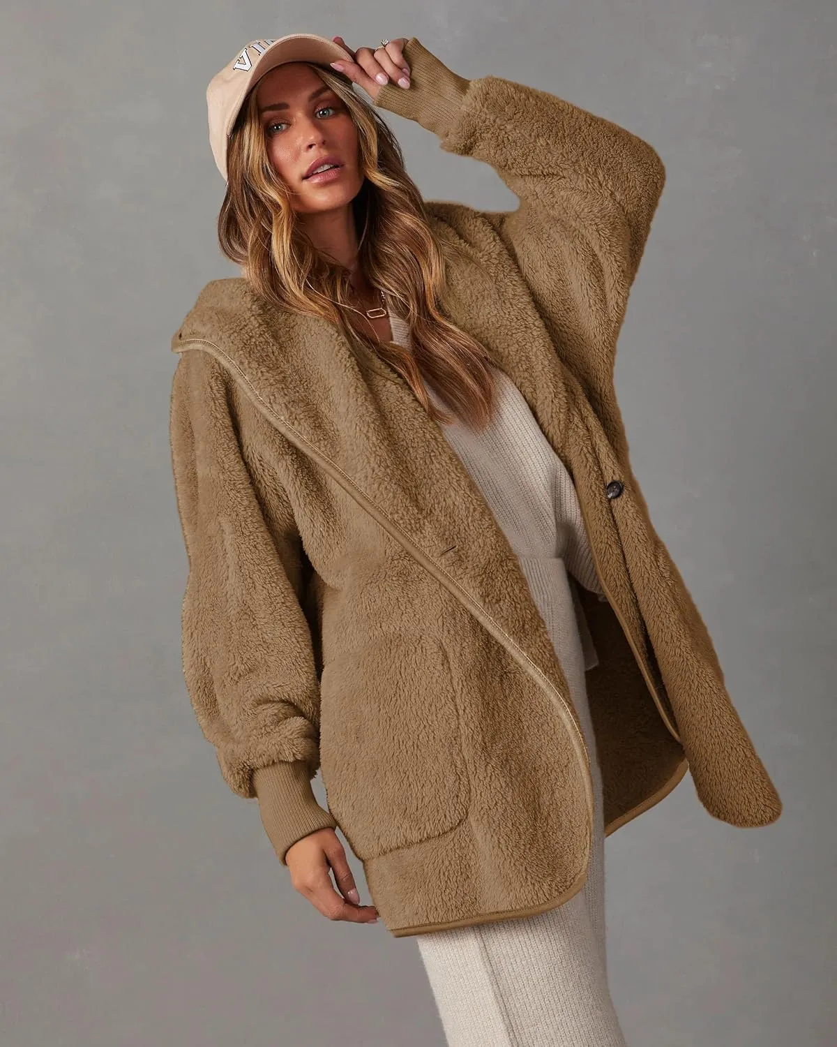 Paintcolors Women's Winter Faux Fuzzy Jacket Coat Fleece Hooded Long Sleeve Sherpa Jacket Oversized Teddy Coat with Pockets