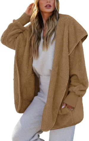 Paintcolors Women's Winter Faux Fuzzy Jacket Coat Fleece Hooded Long Sleeve Sherpa Jacket Oversized Teddy Coat with Pockets