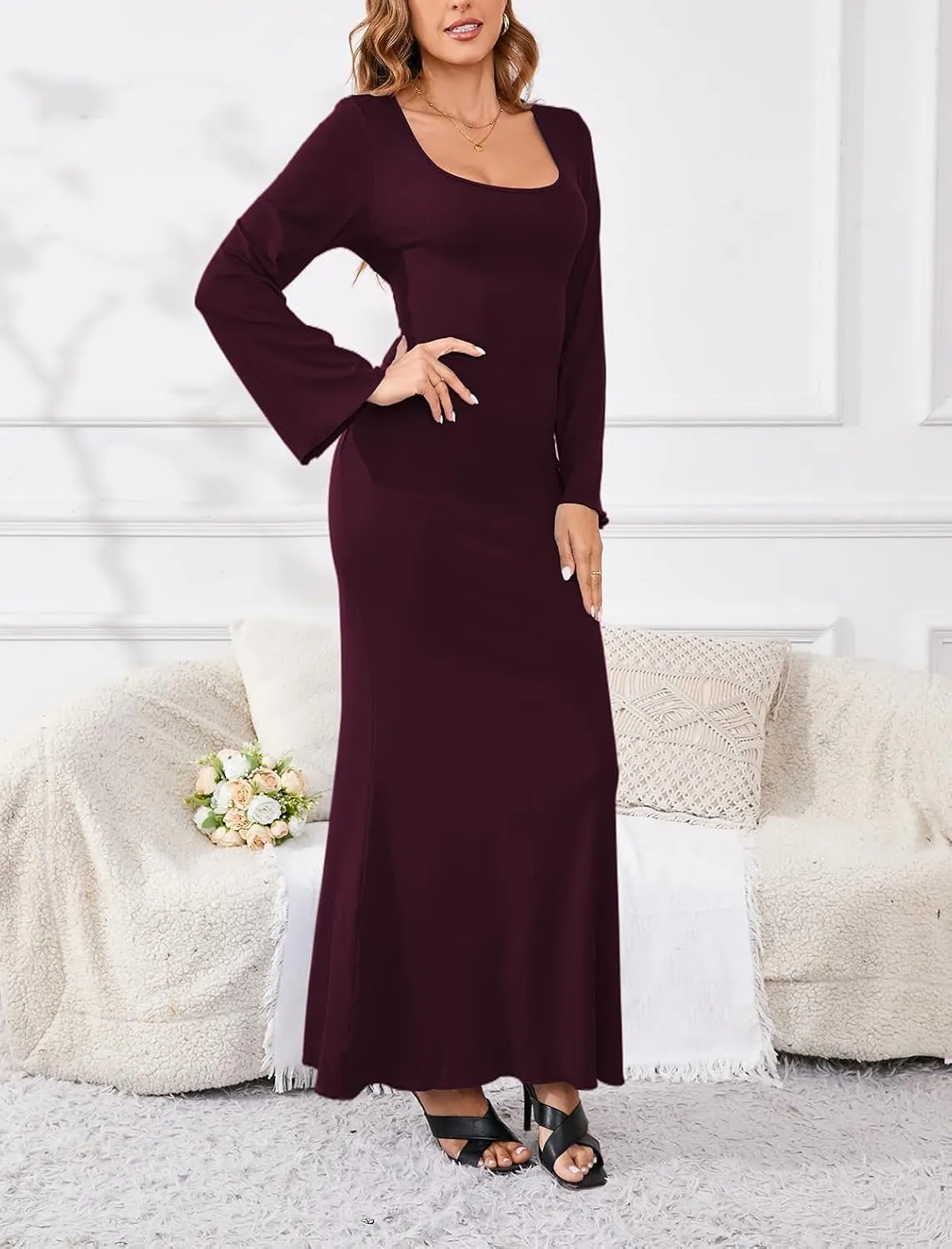 PerZeal Women's Basic Sexy Square Neck Casual Long Sleeve Ribbed Knitted Soft Lounge Long Dress Bodycon Maxi Dresses