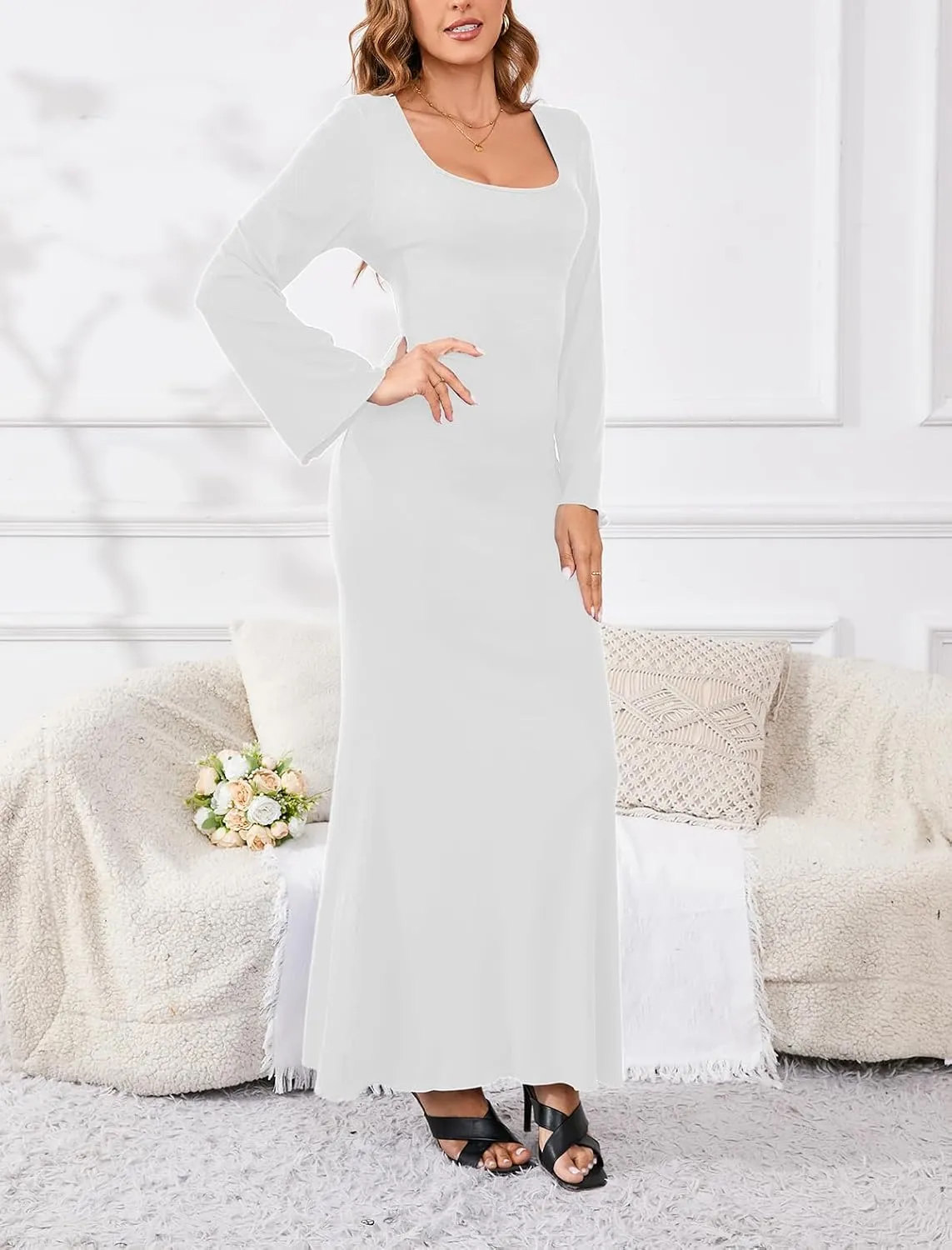 PerZeal Women's Basic Sexy Square Neck Casual Long Sleeve Ribbed Knitted Soft Lounge Long Dress Bodycon Maxi Dresses