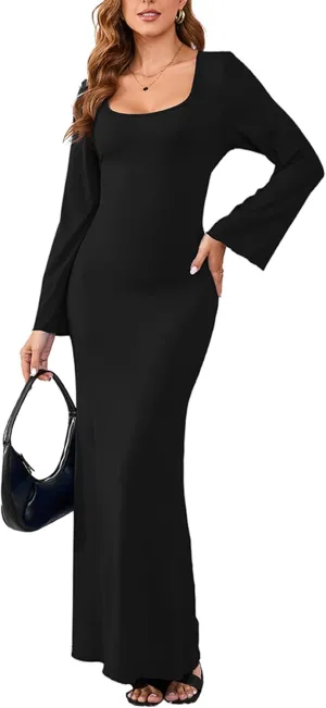 PerZeal Women's Basic Sexy Square Neck Casual Long Sleeve Ribbed Knitted Soft Lounge Long Dress Bodycon Maxi Dresses