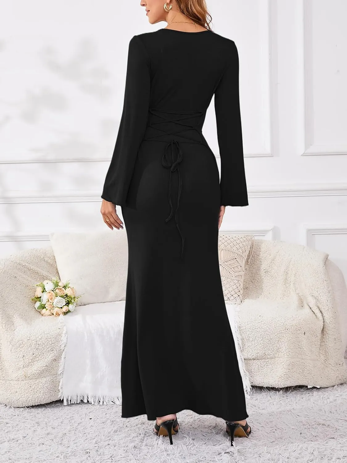 PerZeal Women's Basic Sexy Square Neck Casual Long Sleeve Ribbed Knitted Soft Lounge Long Dress Bodycon Maxi Dresses