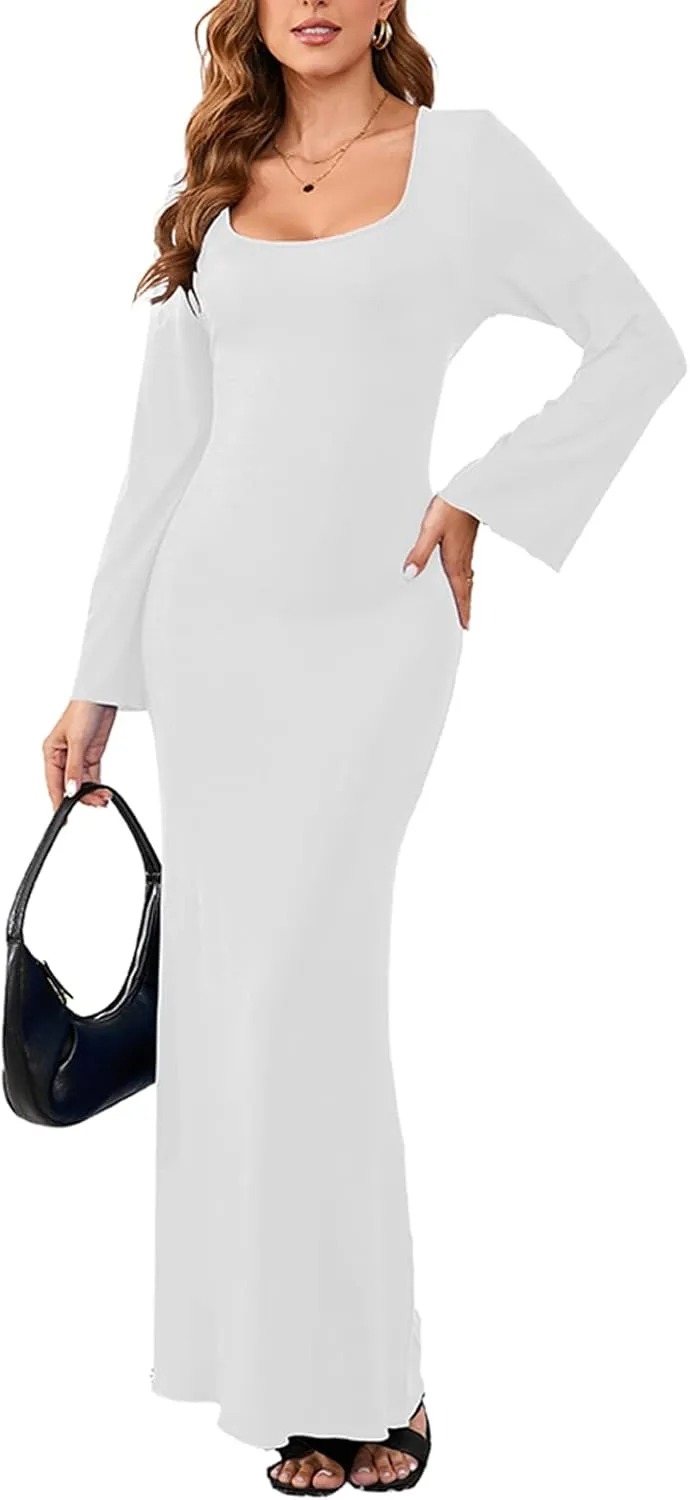 PerZeal Women's Basic Sexy Square Neck Casual Long Sleeve Ribbed Knitted Soft Lounge Long Dress Bodycon Maxi Dresses
