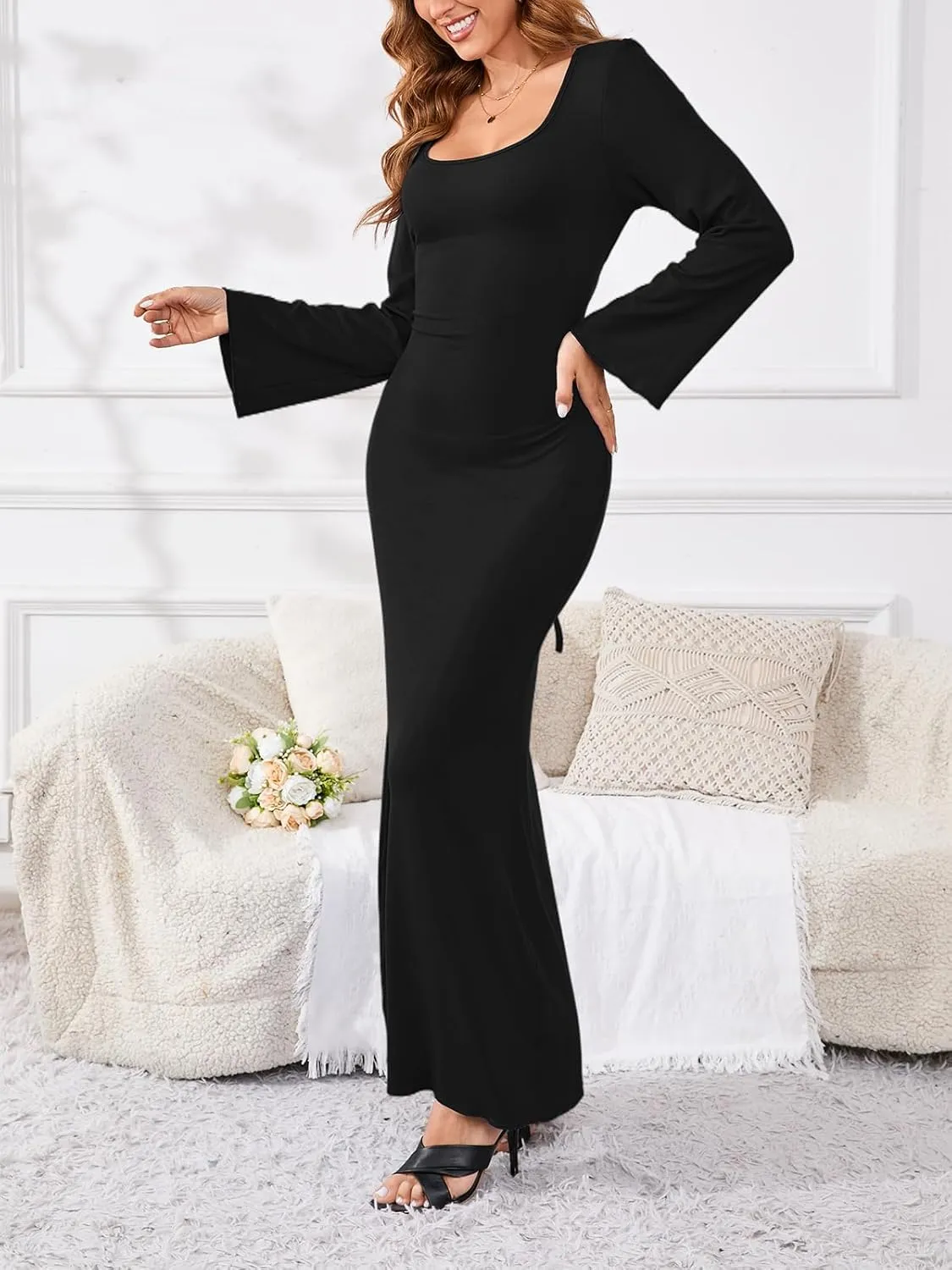 PerZeal Women's Basic Sexy Square Neck Casual Long Sleeve Ribbed Knitted Soft Lounge Long Dress Bodycon Maxi Dresses