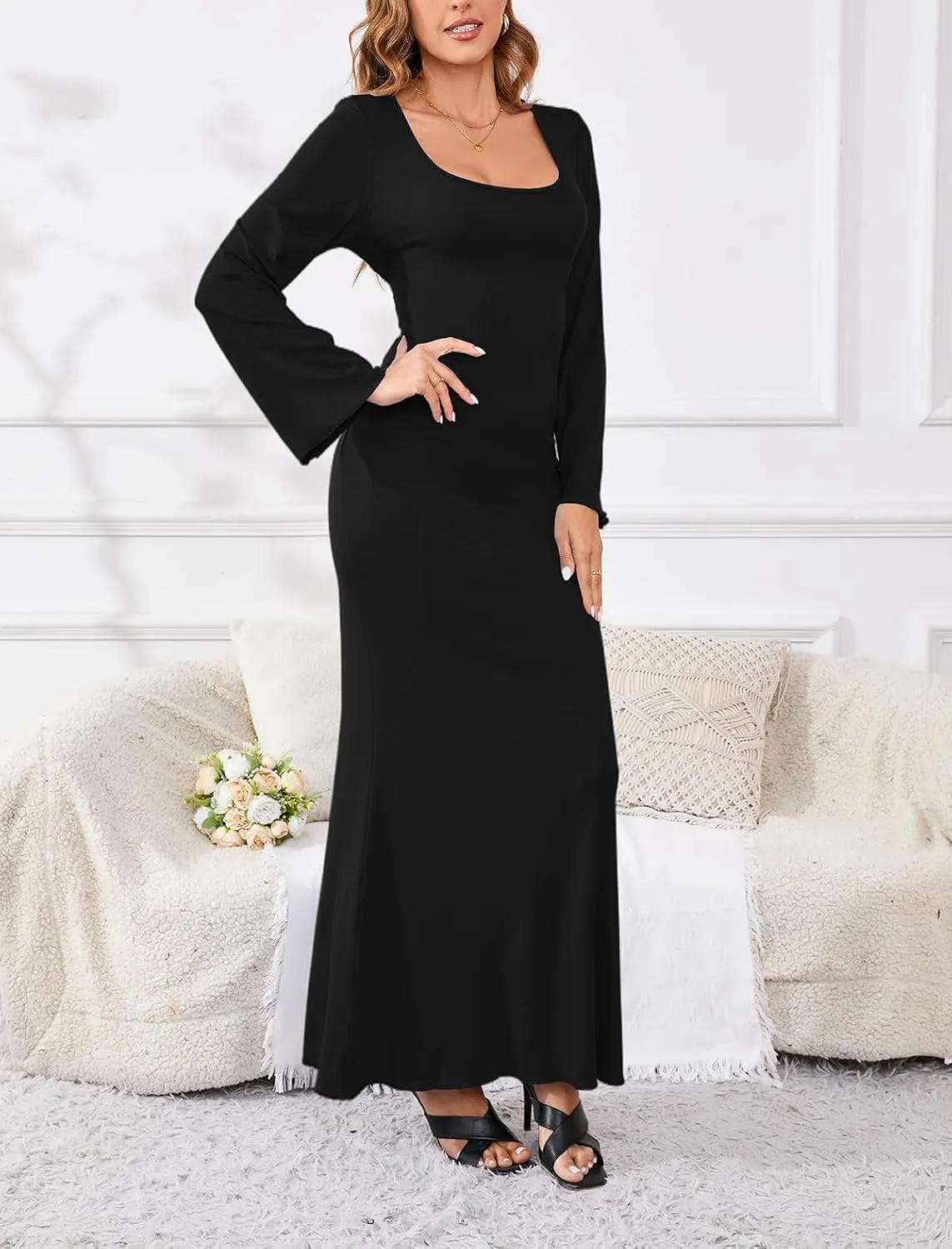 PerZeal Women's Basic Sexy Square Neck Casual Long Sleeve Ribbed Knitted Soft Lounge Long Dress Bodycon Maxi Dresses