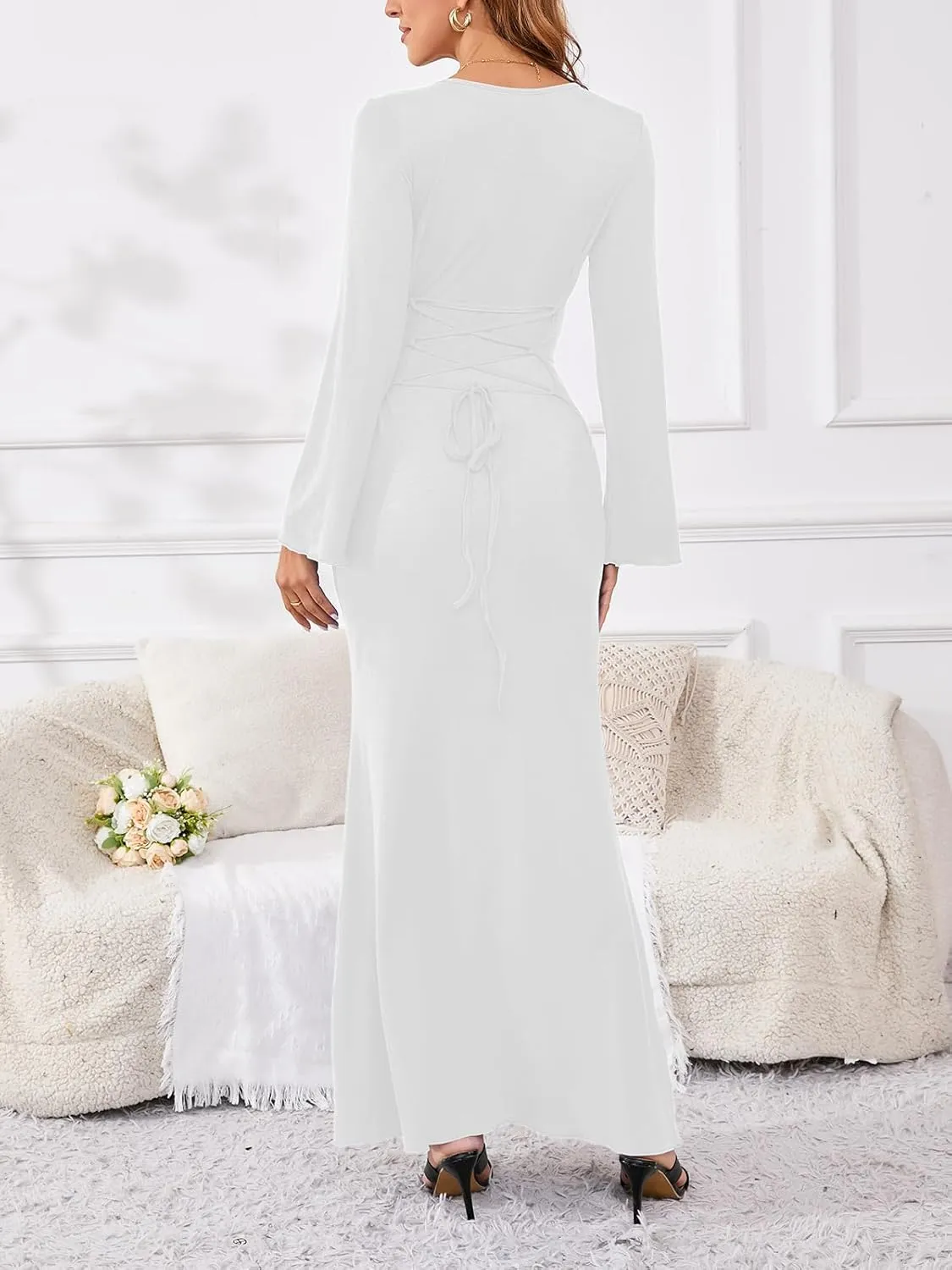 PerZeal Women's Basic Sexy Square Neck Casual Long Sleeve Ribbed Knitted Soft Lounge Long Dress Bodycon Maxi Dresses