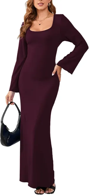PerZeal Women's Basic Sexy Square Neck Casual Long Sleeve Ribbed Knitted Soft Lounge Long Dress Bodycon Maxi Dresses