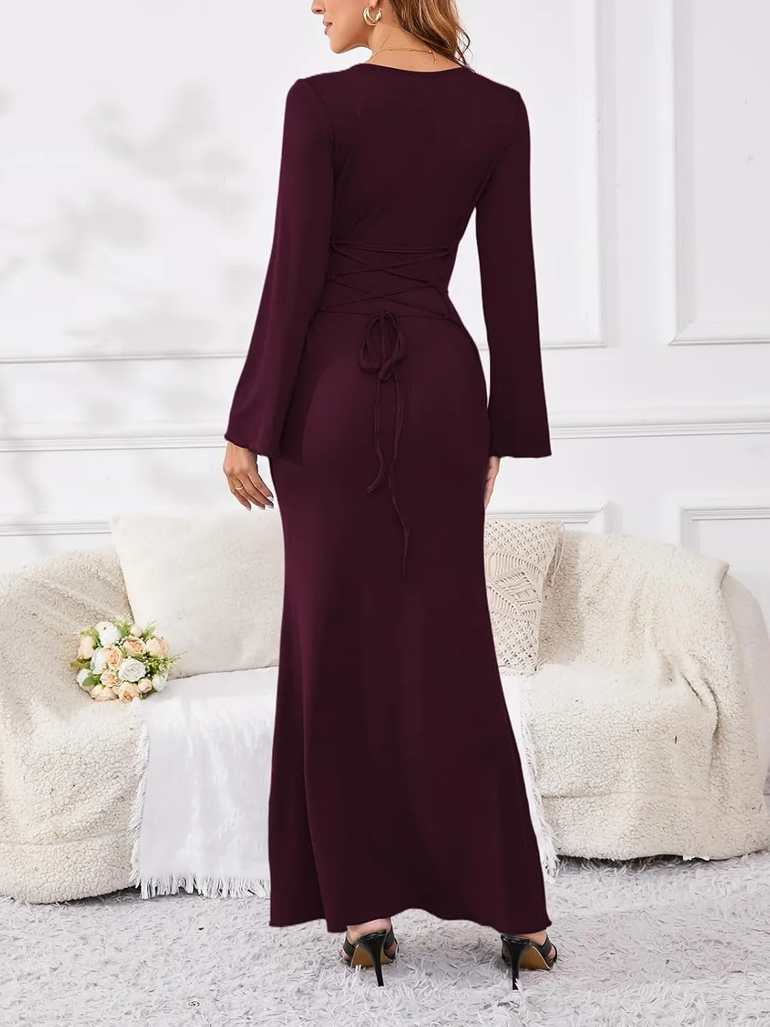 PerZeal Women's Basic Sexy Square Neck Casual Long Sleeve Ribbed Knitted Soft Lounge Long Dress Bodycon Maxi Dresses