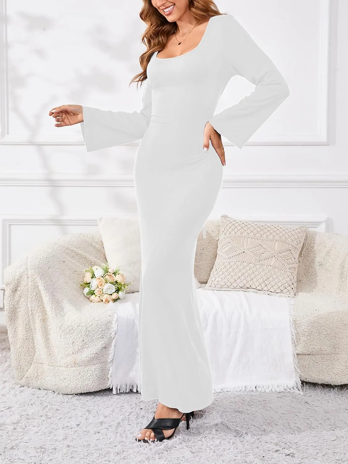 PerZeal Women's Basic Sexy Square Neck Casual Long Sleeve Ribbed Knitted Soft Lounge Long Dress Bodycon Maxi Dresses