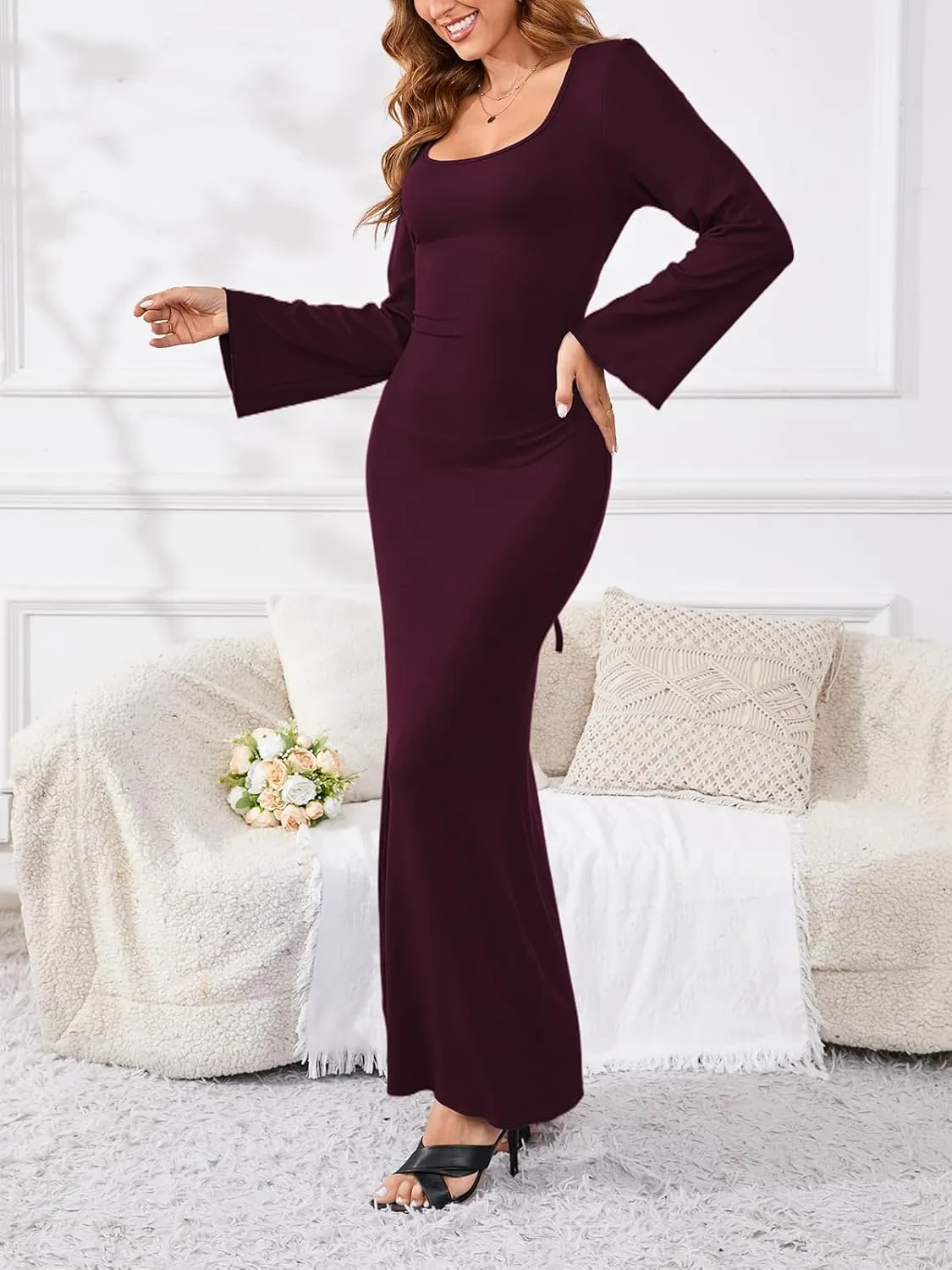 PerZeal Women's Basic Sexy Square Neck Casual Long Sleeve Ribbed Knitted Soft Lounge Long Dress Bodycon Maxi Dresses