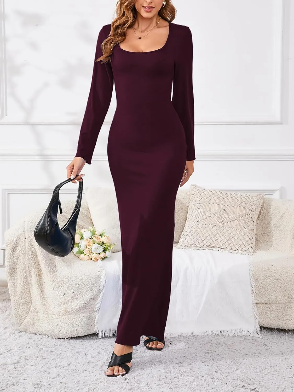 PerZeal Women's Basic Sexy Square Neck Casual Long Sleeve Ribbed Knitted Soft Lounge Long Dress Bodycon Maxi Dresses