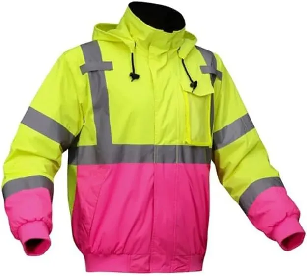 Pink Two-Tone Winter Safety Bomber Jacket For Women Zipper in Hood Waterproof Workwear ANSI High Visibility Reflective Tape
