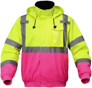 Pink Two-Tone Winter Safety Bomber Jacket For Women Zipper in Hood Waterproof Workwear ANSI High Visibility Reflective Tape