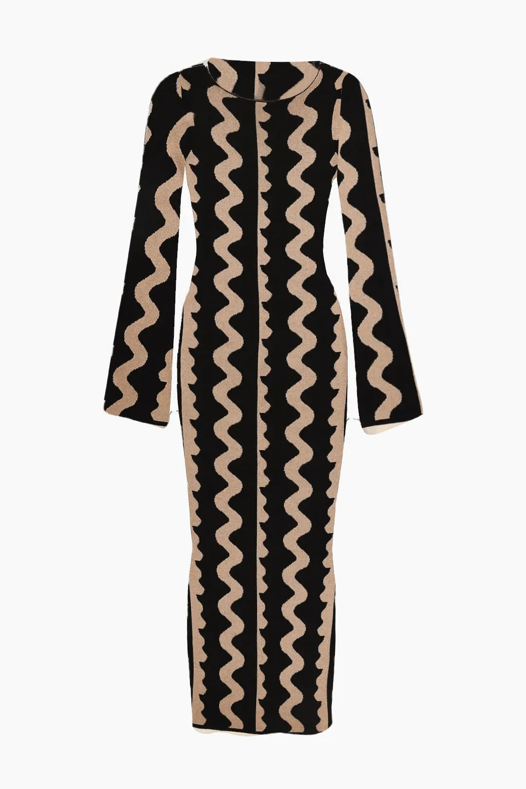 Pre Order:  Knitted Wave Print Black Beige Dress