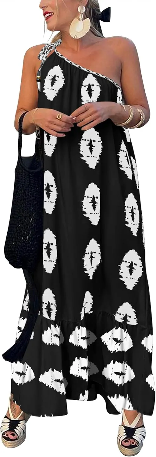 PRETTYGARDEN Women's 2025 Summer Maxi Dresses One Shoulder Printed Flowy Boho Beach Vacation Long Sundress