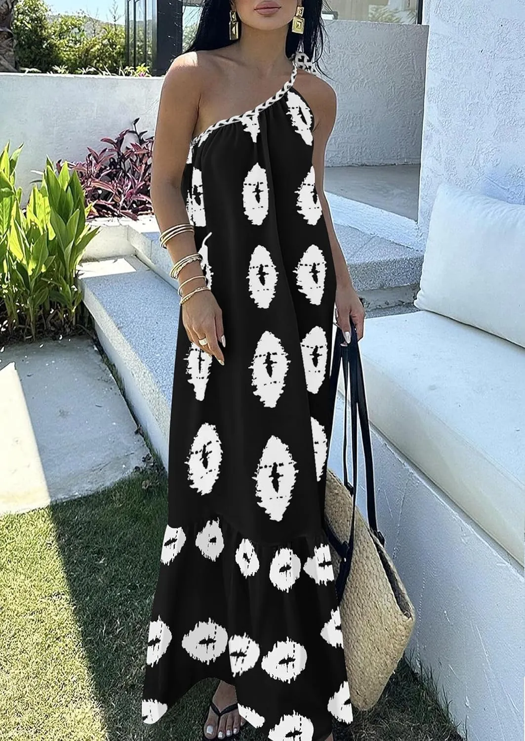 PRETTYGARDEN Women's 2025 Summer Maxi Dresses One Shoulder Printed Flowy Boho Beach Vacation Long Sundress
