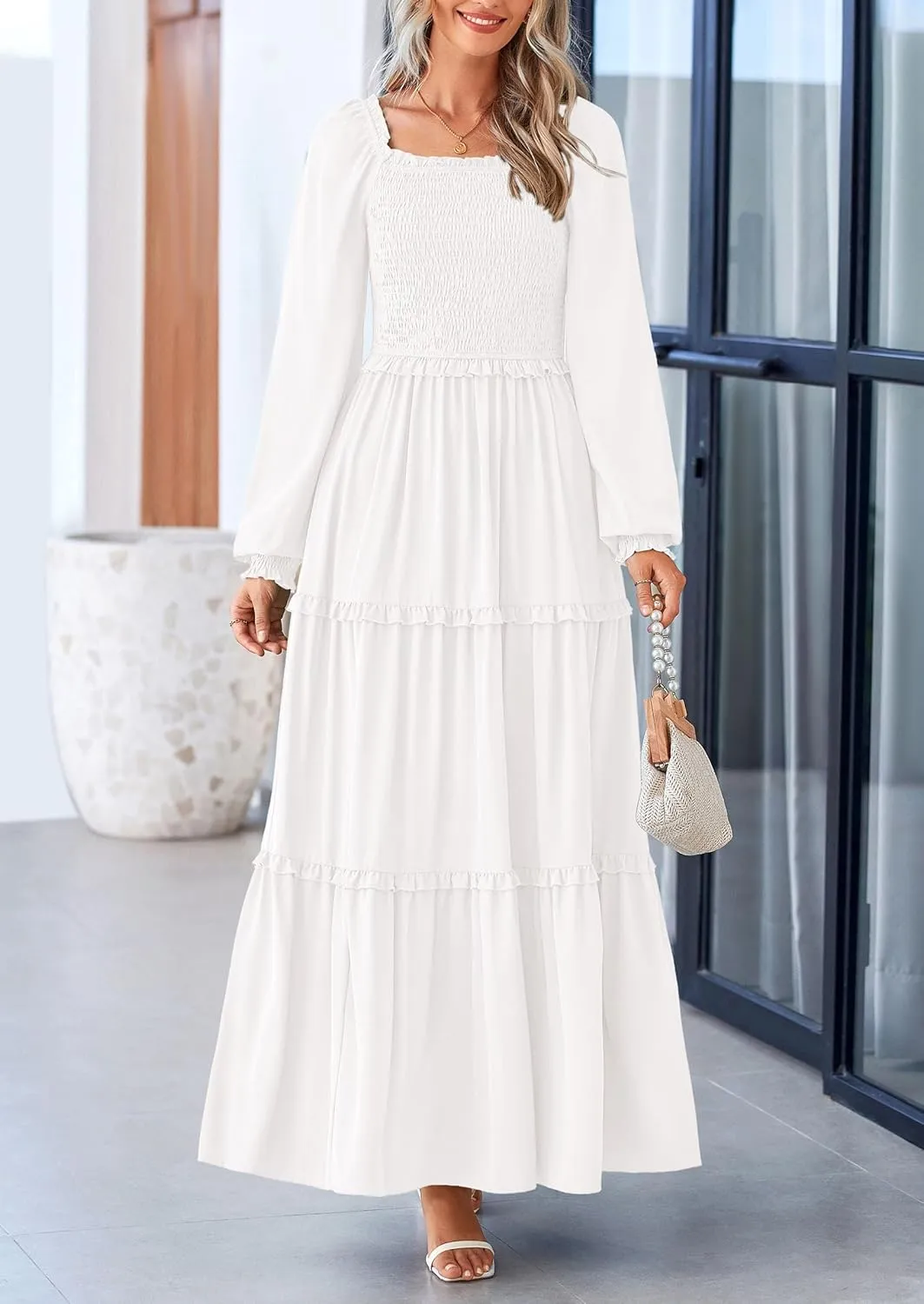 PRETTYGARDEN Women's Smocked Spring Maxi Dress Casual Fall Long Sleeve Square Neck Tiered A Line Flowy Dresses with Pockets