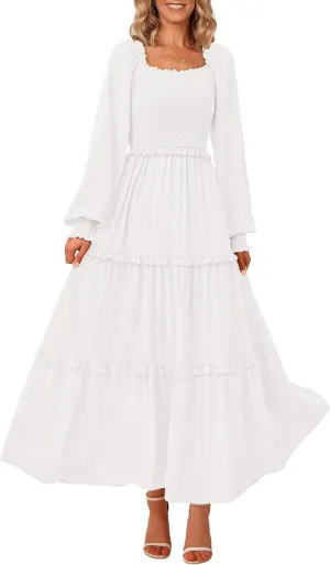 PRETTYGARDEN Women's Smocked Spring Maxi Dress Casual Fall Long Sleeve Square Neck Tiered A Line Flowy Dresses with Pockets