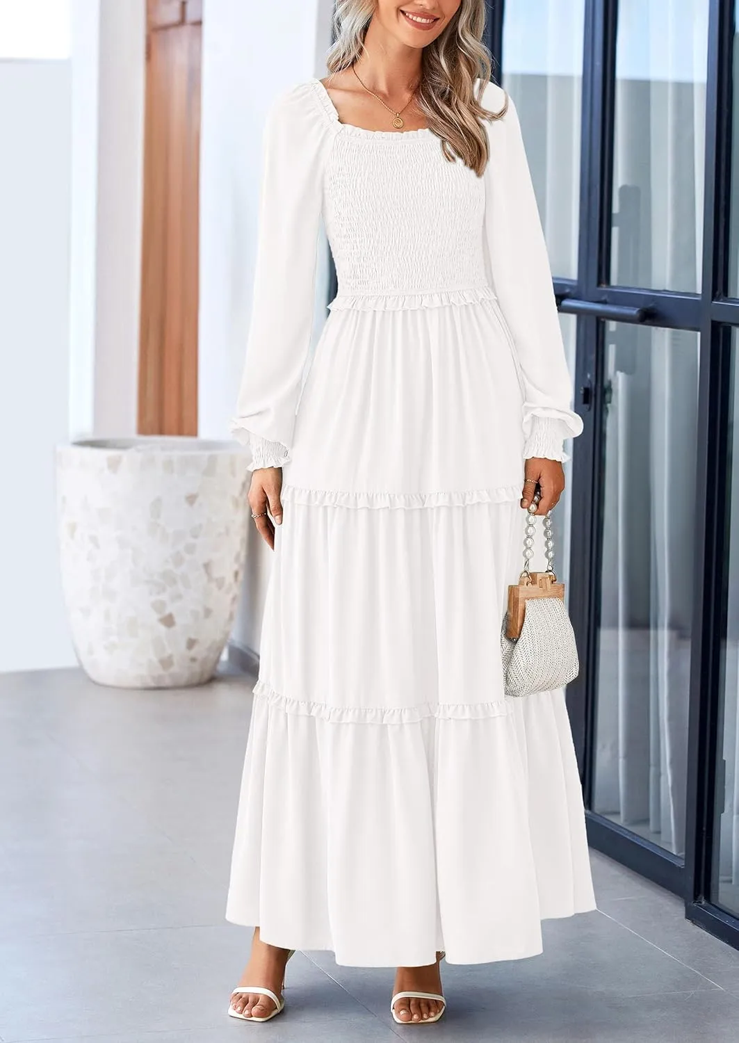 PRETTYGARDEN Women's Smocked Spring Maxi Dress Casual Fall Long Sleeve Square Neck Tiered A Line Flowy Dresses with Pockets