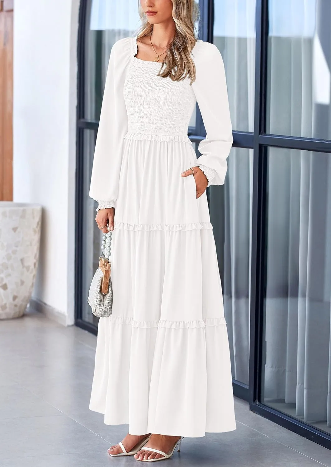 PRETTYGARDEN Women's Smocked Spring Maxi Dress Casual Fall Long Sleeve Square Neck Tiered A Line Flowy Dresses with Pockets