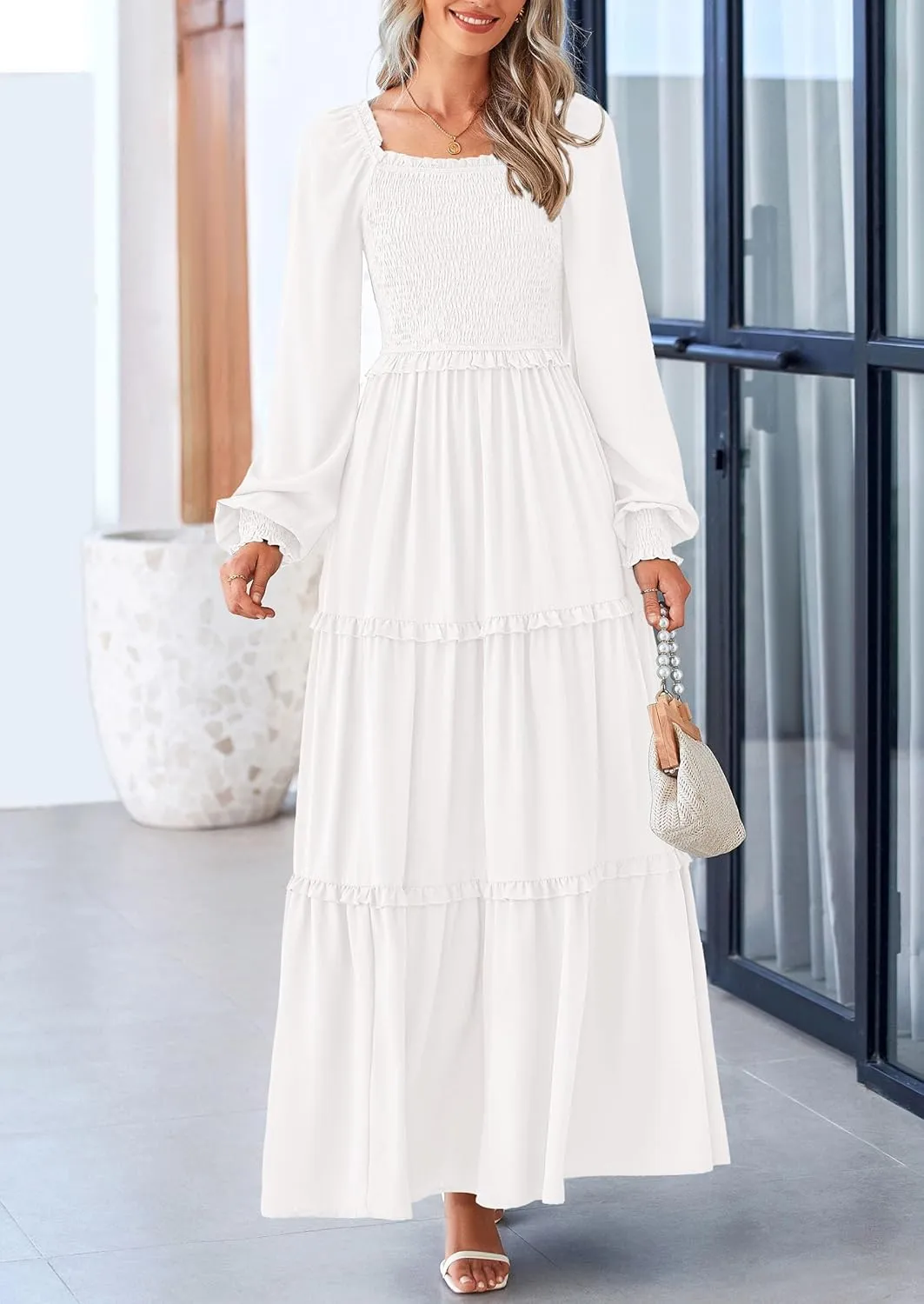 PRETTYGARDEN Women's Smocked Spring Maxi Dress Casual Fall Long Sleeve Square Neck Tiered A Line Flowy Dresses with Pockets