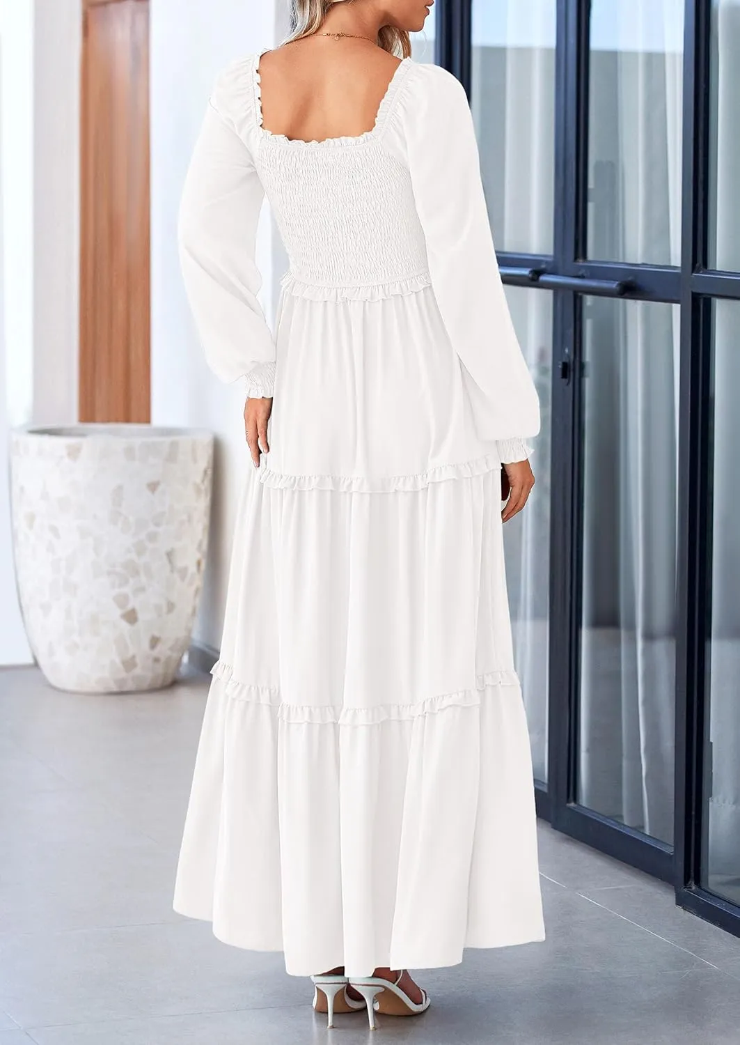 PRETTYGARDEN Women's Smocked Spring Maxi Dress Casual Fall Long Sleeve Square Neck Tiered A Line Flowy Dresses with Pockets