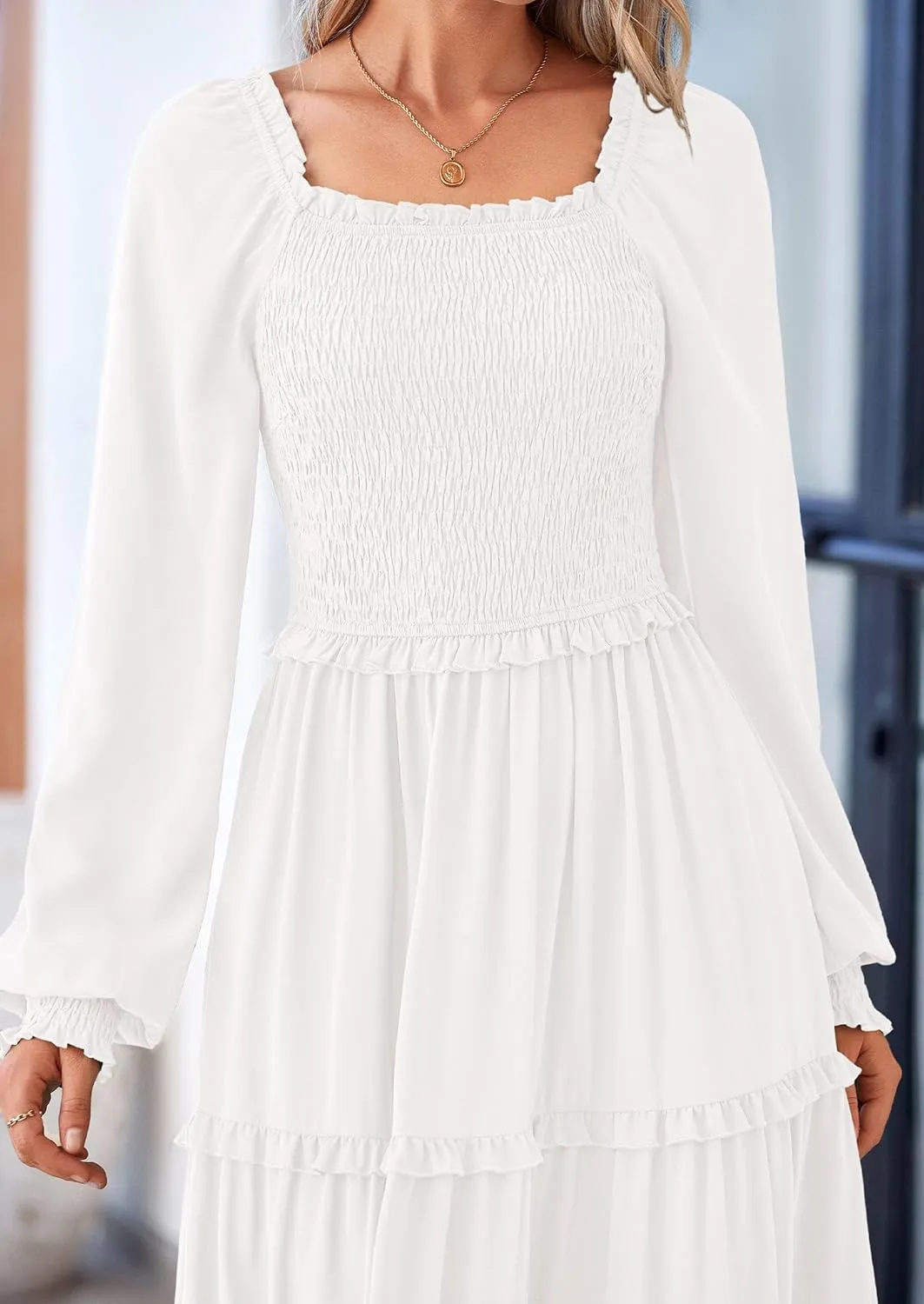 PRETTYGARDEN Women's Smocked Spring Maxi Dress Casual Fall Long Sleeve Square Neck Tiered A Line Flowy Dresses with Pockets
