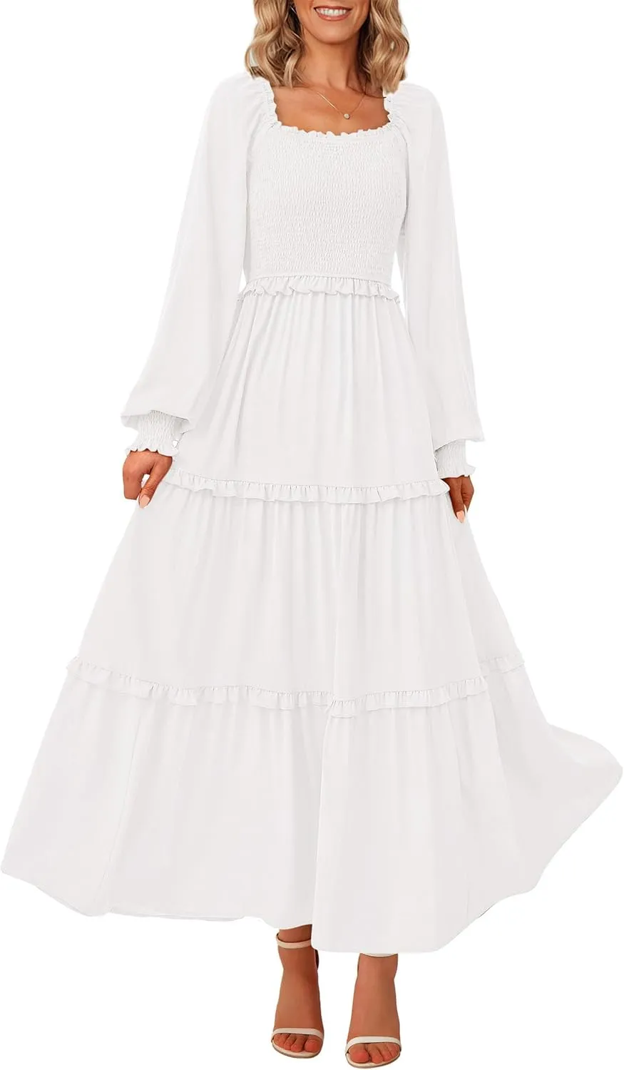 PRETTYGARDEN Women's Smocked Spring Maxi Dress Casual Fall Long Sleeve Square Neck Tiered A Line Flowy Dresses with Pockets