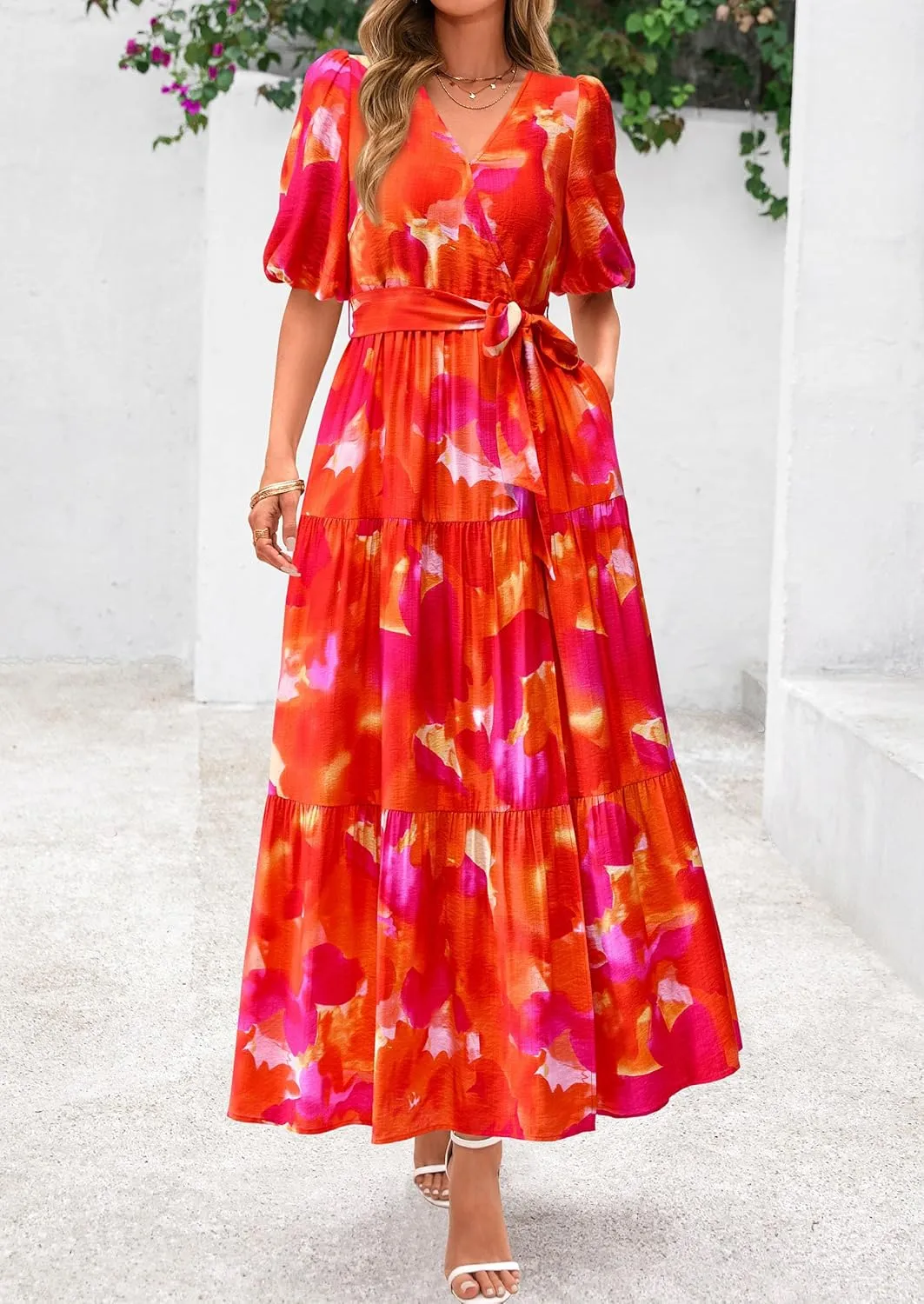 PRETTYGARDEN Women's Summer Maxi Dress 2025 Resort Wear Boho Floral V Neck Puff Short Sleeve Ruffle Flowy Beach Long Dresses