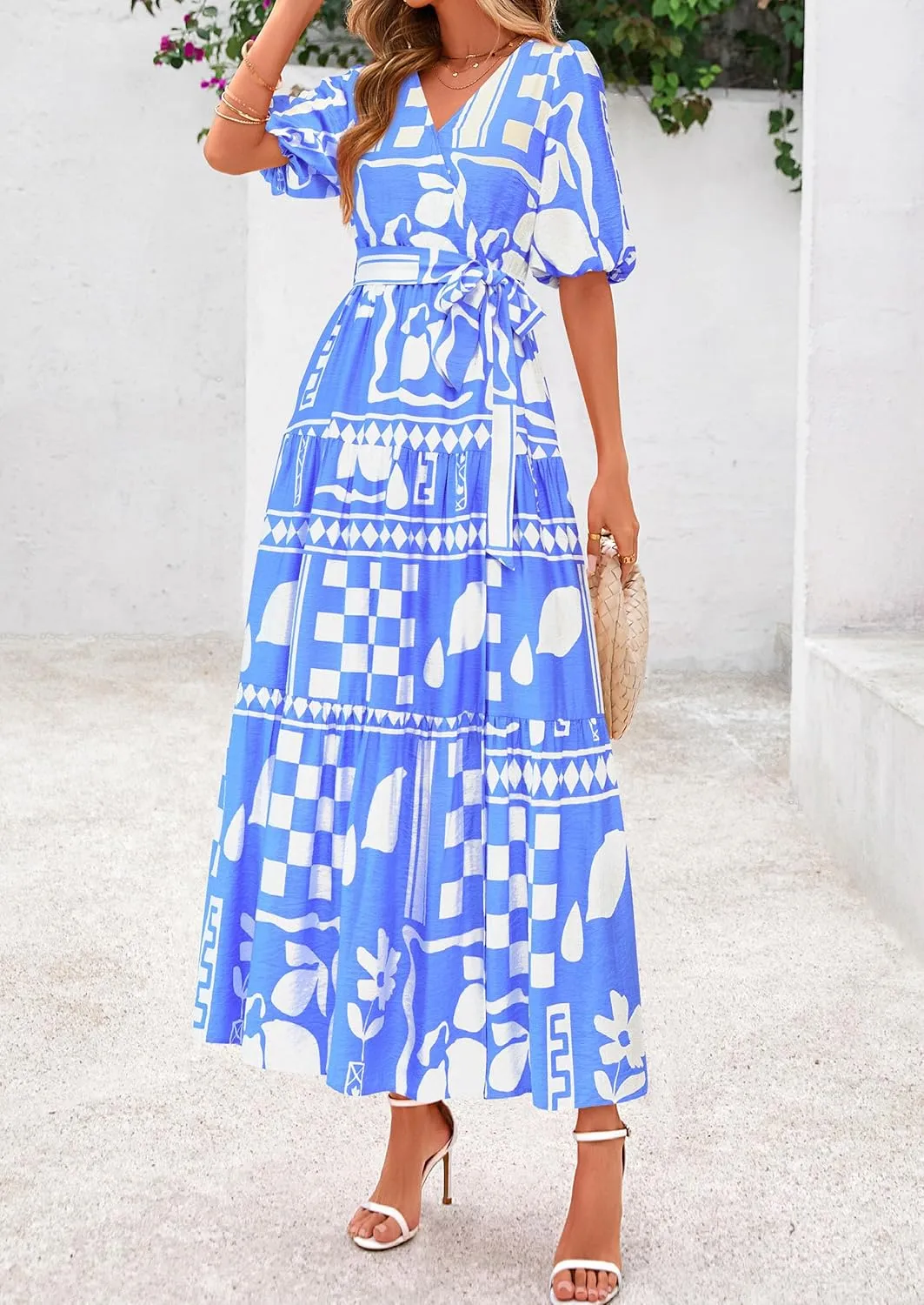 PRETTYGARDEN Women's Summer Maxi Dress 2025 Resort Wear Boho Floral V Neck Puff Short Sleeve Ruffle Flowy Beach Long Dresses