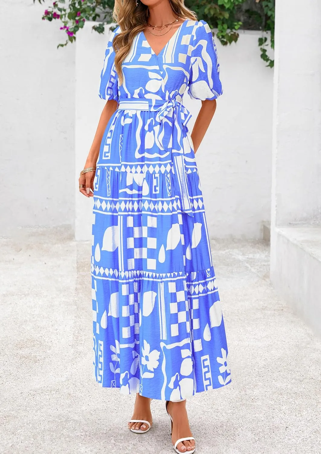 PRETTYGARDEN Women's Summer Maxi Dress 2025 Resort Wear Boho Floral V Neck Puff Short Sleeve Ruffle Flowy Beach Long Dresses