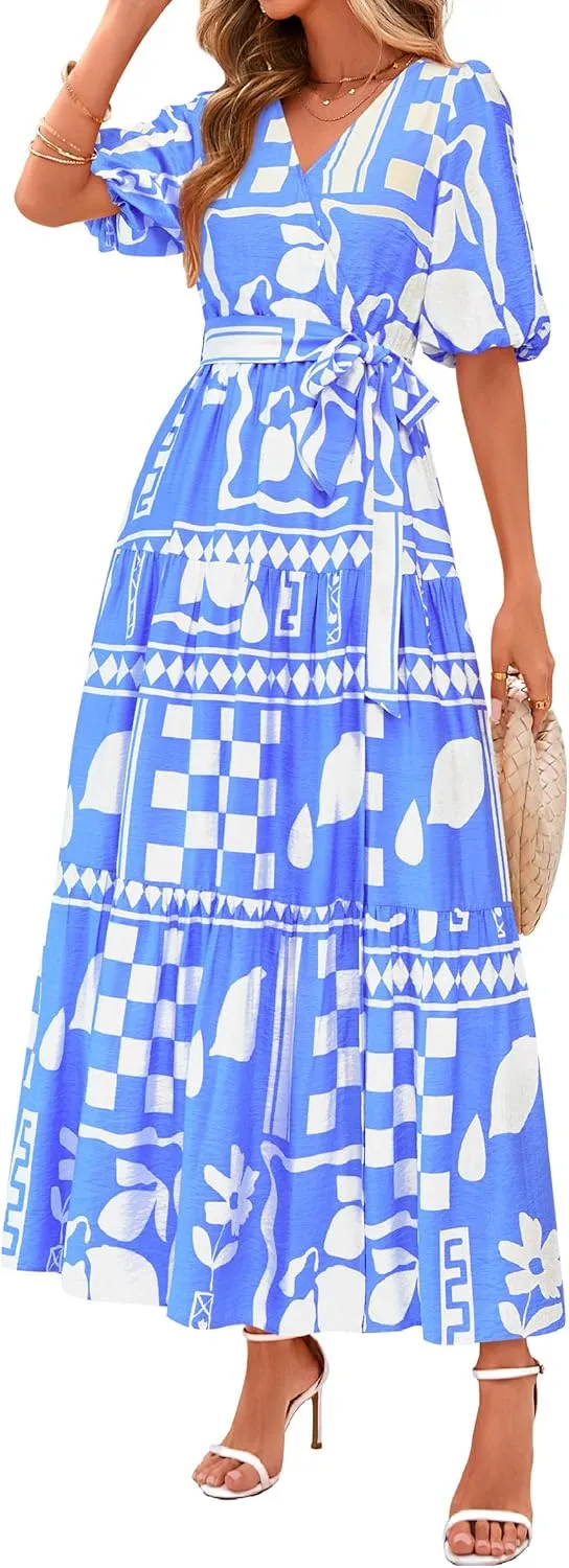 PRETTYGARDEN Women's Summer Maxi Dress 2025 Resort Wear Boho Floral V Neck Puff Short Sleeve Ruffle Flowy Beach Long Dresses