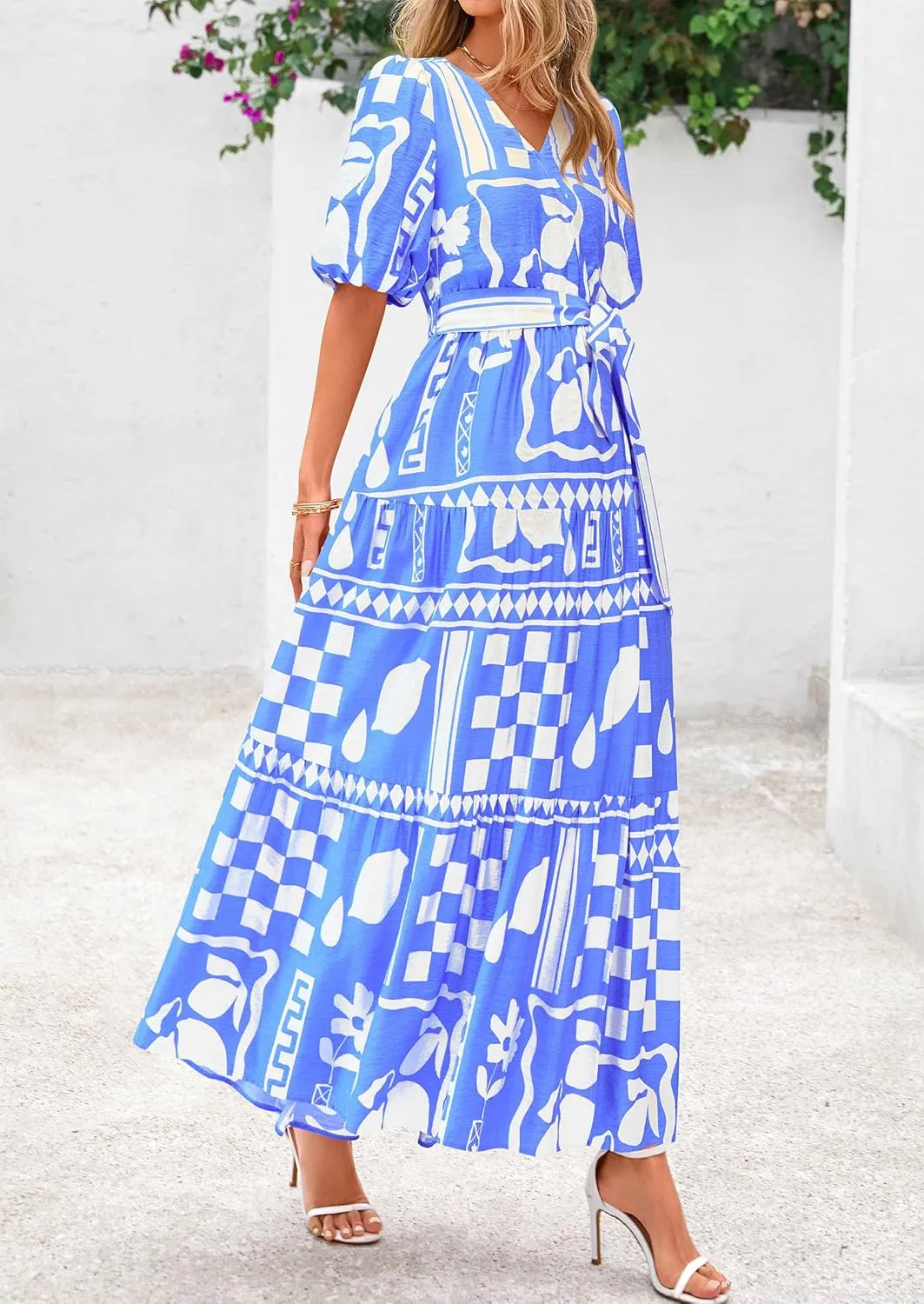PRETTYGARDEN Women's Summer Maxi Dress 2025 Resort Wear Boho Floral V Neck Puff Short Sleeve Ruffle Flowy Beach Long Dresses