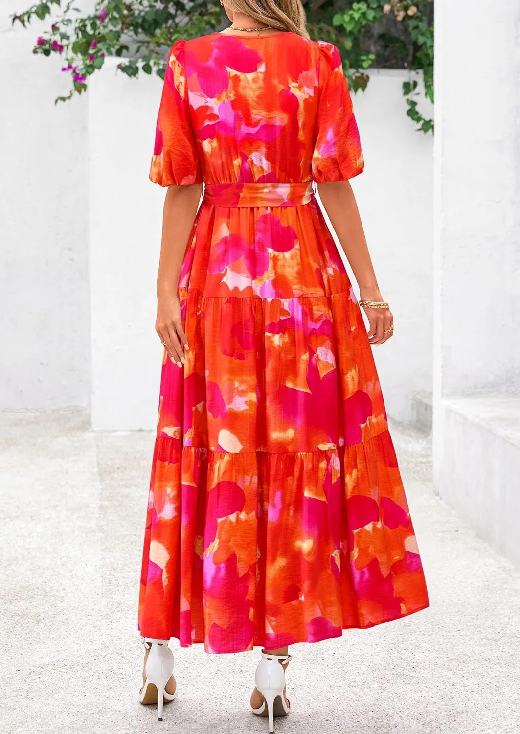 PRETTYGARDEN Women's Summer Maxi Dress 2025 Resort Wear Boho Floral V Neck Puff Short Sleeve Ruffle Flowy Beach Long Dresses