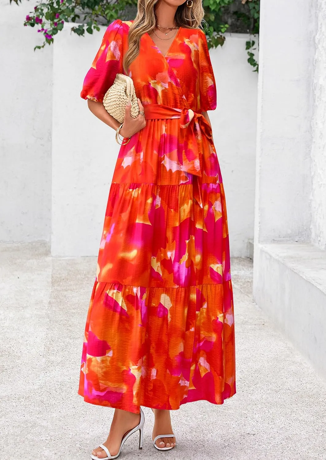 PRETTYGARDEN Women's Summer Maxi Dress 2025 Resort Wear Boho Floral V Neck Puff Short Sleeve Ruffle Flowy Beach Long Dresses