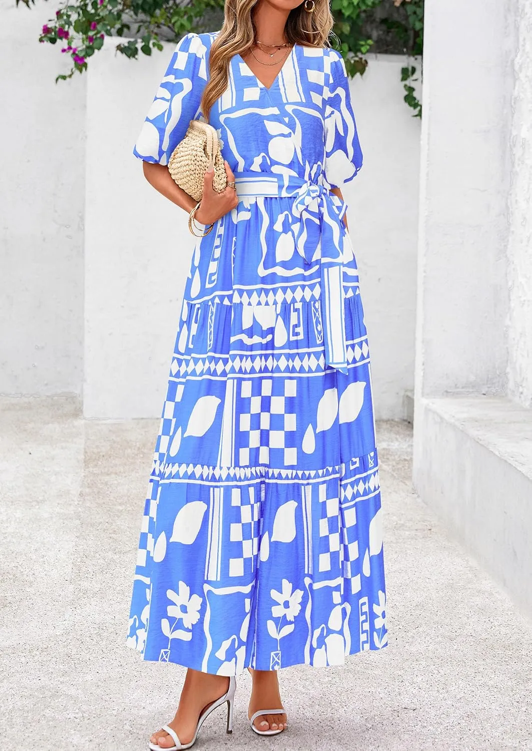 PRETTYGARDEN Women's Summer Maxi Dress 2025 Resort Wear Boho Floral V Neck Puff Short Sleeve Ruffle Flowy Beach Long Dresses