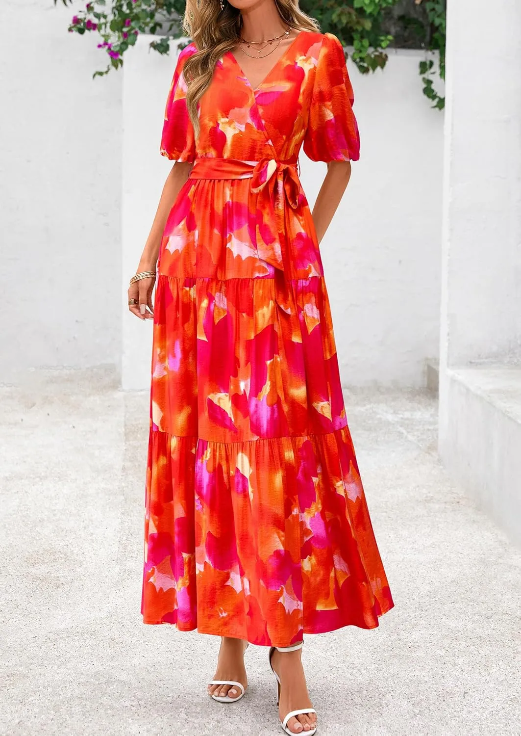PRETTYGARDEN Women's Summer Maxi Dress 2025 Resort Wear Boho Floral V Neck Puff Short Sleeve Ruffle Flowy Beach Long Dresses