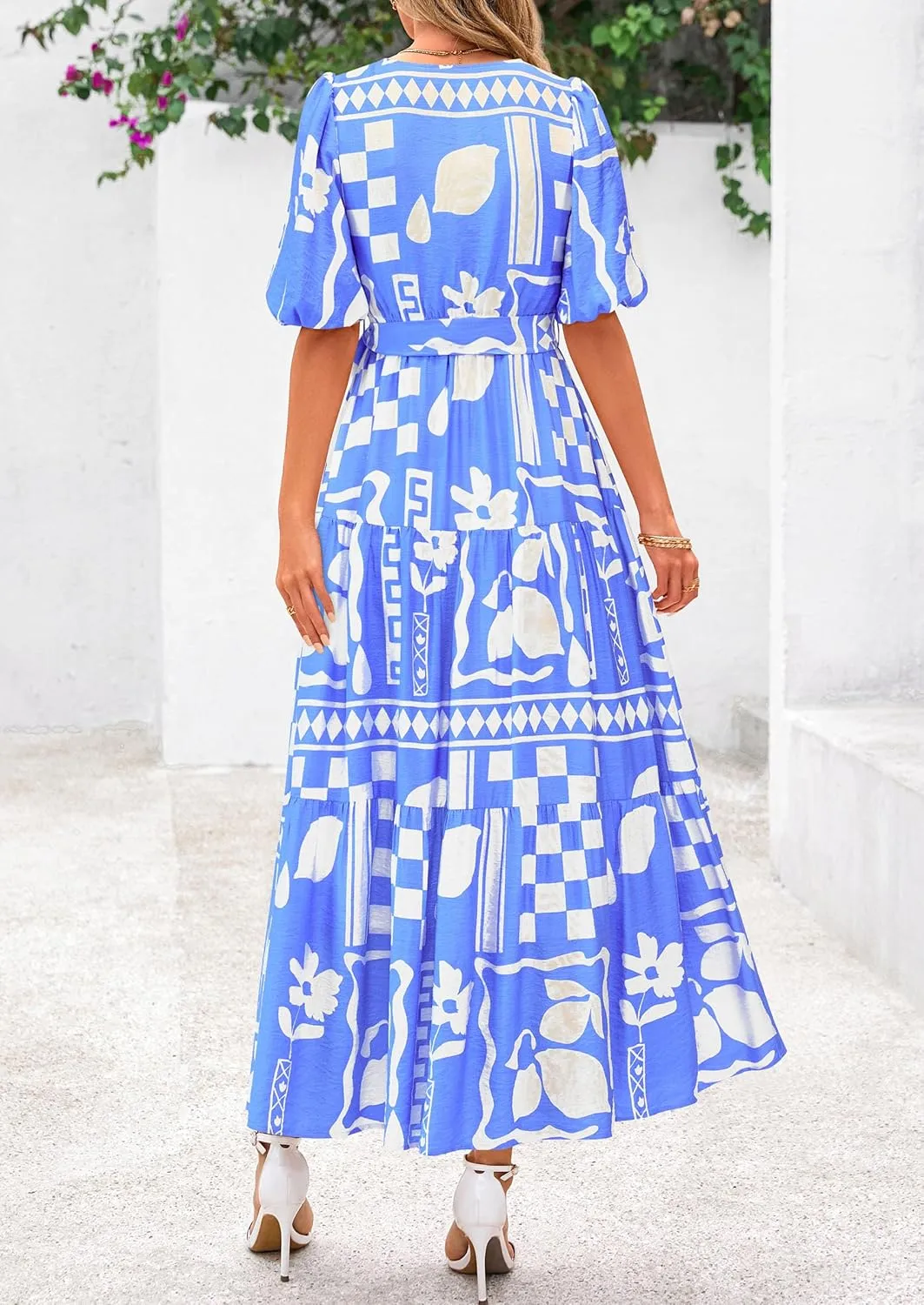 PRETTYGARDEN Women's Summer Maxi Dress 2025 Resort Wear Boho Floral V Neck Puff Short Sleeve Ruffle Flowy Beach Long Dresses