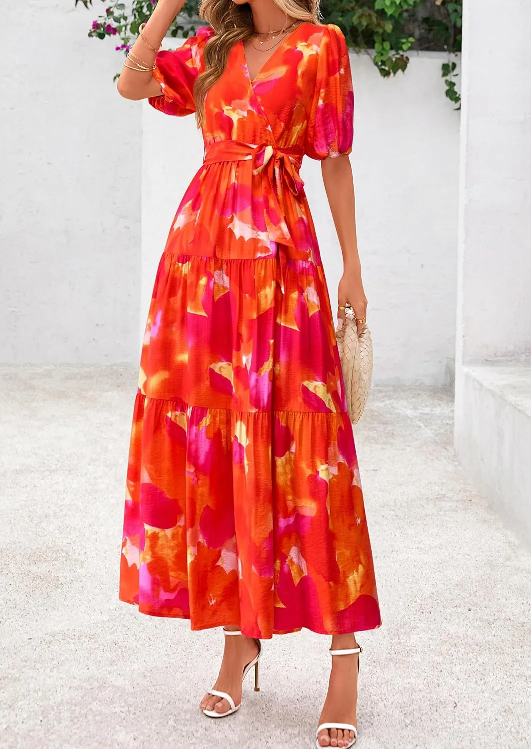 PRETTYGARDEN Women's Summer Maxi Dress 2025 Resort Wear Boho Floral V Neck Puff Short Sleeve Ruffle Flowy Beach Long Dresses
