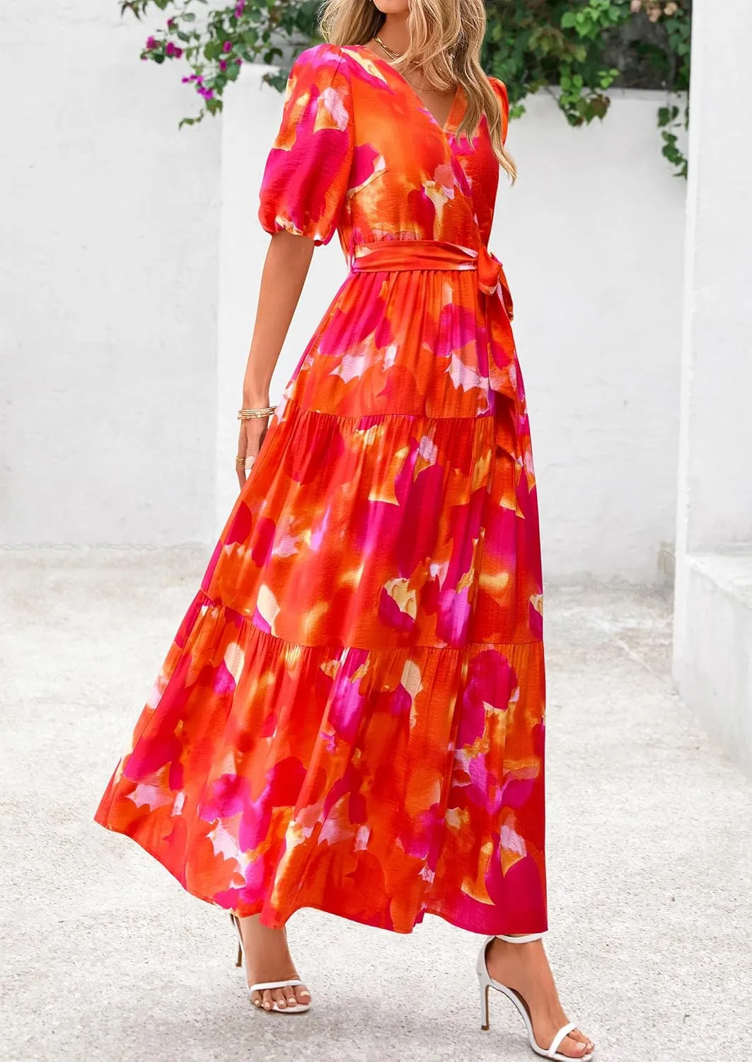 PRETTYGARDEN Women's Summer Maxi Dress 2025 Resort Wear Boho Floral V Neck Puff Short Sleeve Ruffle Flowy Beach Long Dresses