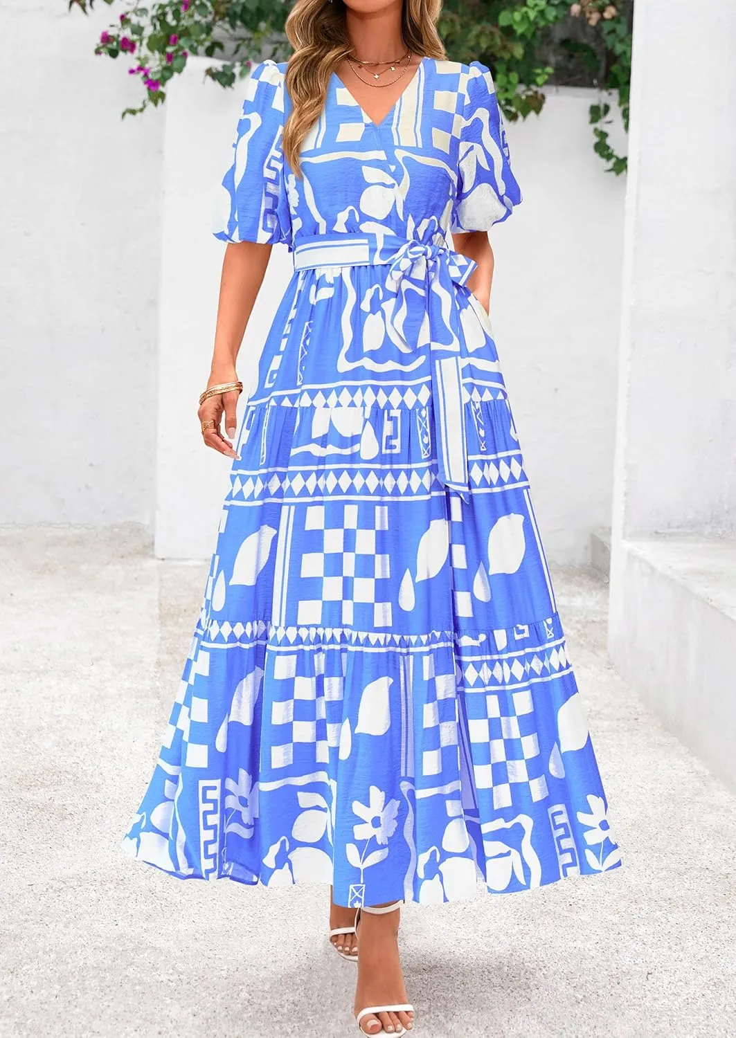 PRETTYGARDEN Women's Summer Maxi Dress 2025 Resort Wear Boho Floral V Neck Puff Short Sleeve Ruffle Flowy Beach Long Dresses