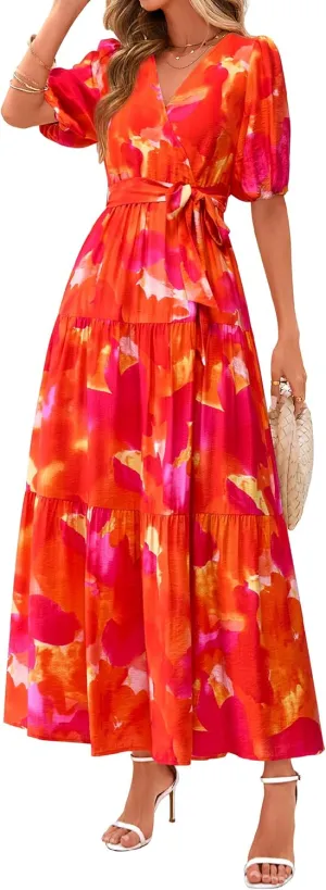 PRETTYGARDEN Women's Summer Maxi Dress 2025 Resort Wear Boho Floral V Neck Puff Short Sleeve Ruffle Flowy Beach Long Dresses