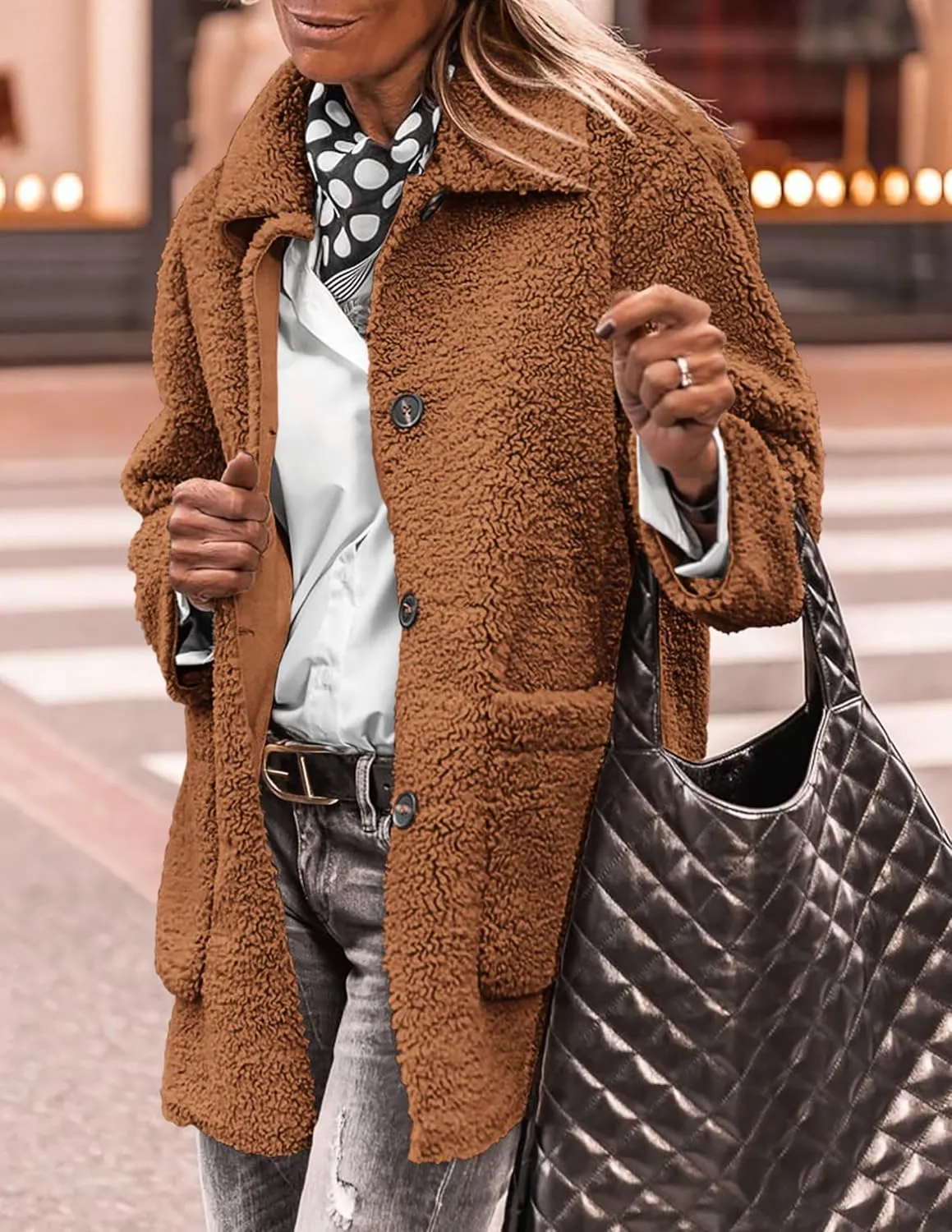 PRETTYGARDEN Women's Winter Faux Fur Coats Long Sleeve Lapel Button Down Pockets Fleece Sherpa Jacket Casual Trendy Outerwear